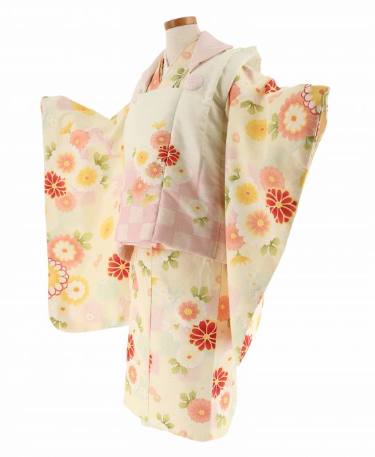 七五三 3歳女の子用被布[古典柄](被布)クリーム(着物)クリームに菊柄No.113V